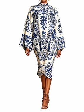 Oversized Tile Inspired Print Midi Dress in Navy and Cream